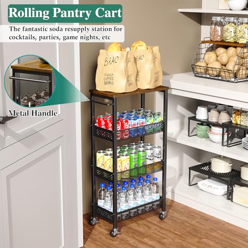 Utility Slim Storage Cart 4-Tier Rolling Cart with Wood Top A517006