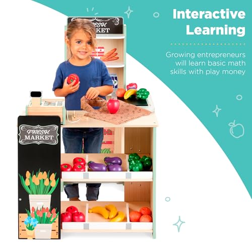 Pretend Play Grocery Store Wooden Supermarket Toy Set for Kids with Play Food, Cash Register, Conveyor - Red I3448