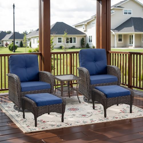 Outdoor Wicker Swivel Rocker Chairs Set of 2 with Rattan Side Table, Brown/Blue B592