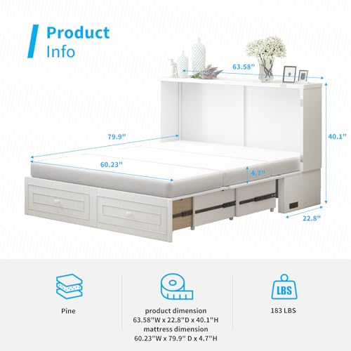 Mjkone Murphy Bed Cabinet Queen Size with USB Charging Station & Storage Drawers, White U176463