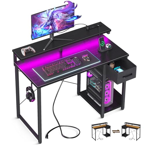 AODK Gaming Desk with LED Lights & Power Outlet, 40 Inch, Black T67329