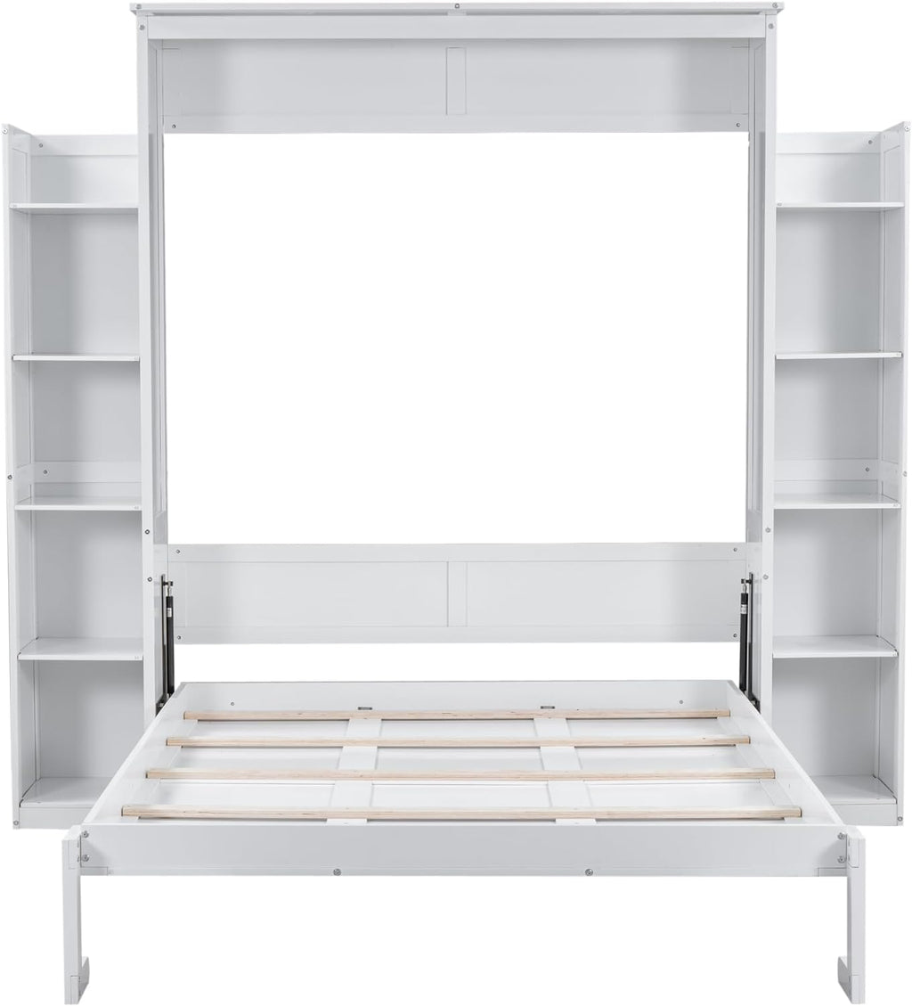 Merax Murphy Bed Queen Size Wooden Wall Bed with Shelves and LED Lights, White U14073