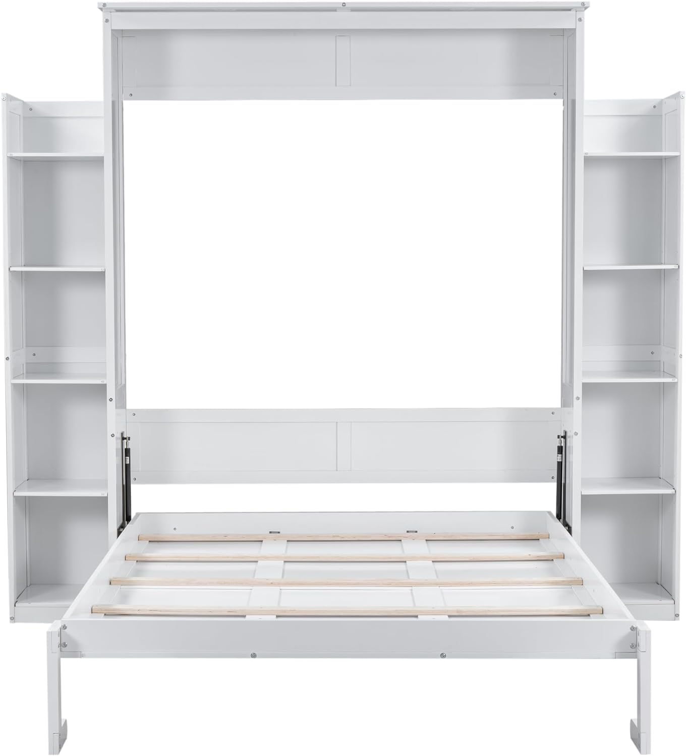 Merax Murphy Bed Queen Size Wooden Wall Bed with Shelves and LED Lights, White U14073