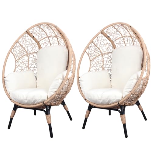 2 Pieces Patio PE Wicker Egg Chairs with Natural Color Rattan Beige Cushion