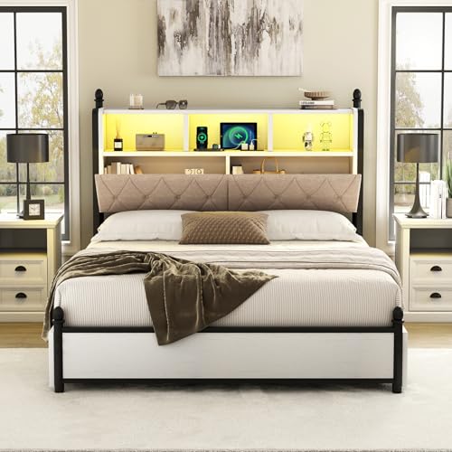AMERLIFE Full Size Bed Frame with Bookcase Headboard, Charging Station, Rustic Brown H544