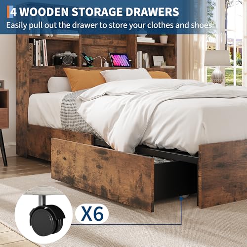 GarveeHome Full Size Bed Frame with Bookcase Headboard and Charging Station Z337