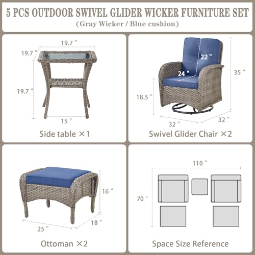 Outdoor Wicker Swivel Rocker Chairs Set of 2 with Rattan Side Table, Brown/Blue B592