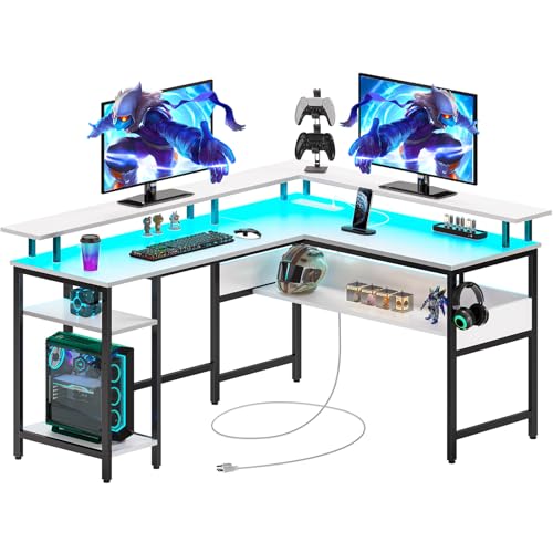 Rolanstar Computer Desk 56.7" with LED Lights and Power Outlets, Carbon Fiber Surface K1543