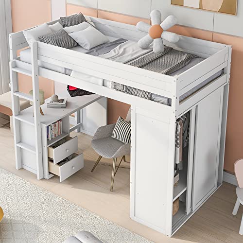 Full Size Loft Bed with Storage Wardrobe and Desk for Kids Teens Adults White K66587