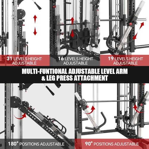 Commercial Smith Machine with Smith Bar, Power Cage Squat Rack with Lever Arm, Leg Press, LAT Pull Down System U34080