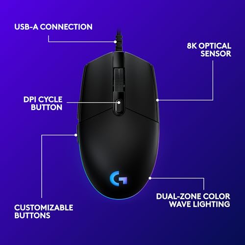 Logitech G203 Wired Gaming Mouse, 8,000 DPI, RGB, 6 Programmable Buttons, PC/Mac - Black U28629