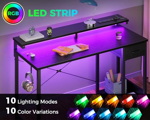 AODK Gaming Desk with LED Lights & Power Outlet, 40 Inch, Black T67329