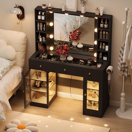 White Vanity Desk with Mirror and Lights, Glass Top, 3 Drawers V863482