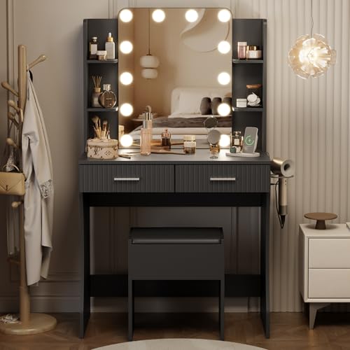 White Vanity Desk with LED Mirror and Storage Stool D5834