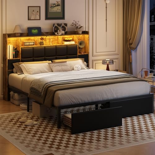 LED Bed Frame Full Size with Bookshelf Headboard and Charging Station R978868