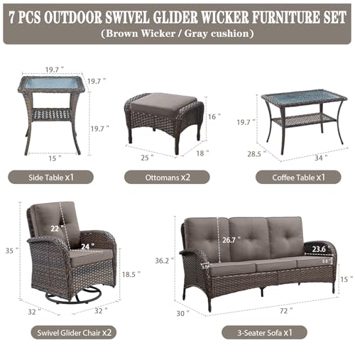 Outdoor Wicker Swivel Rocker Chairs Set of 2 with Rattan Side Table, Brown/Blue B592