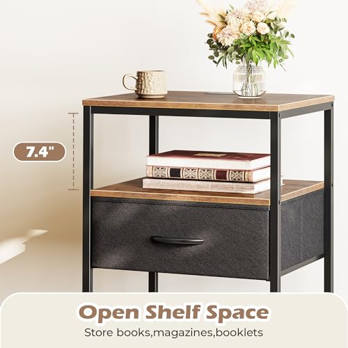 SUPERJARE Nightstand with Charging Station, Fabric Drawer, 3-Tier Storage, Walnut K366263