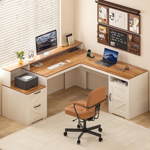 63" Farmhouse L Shaped Desk with Drawers, Power Outlets & Storage Shelf Q538