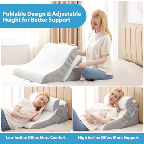 Bed Wedge Pillow for Sleeping, 9 & 12 Inch Adjustable, Memory Foam, White/Grey V501
