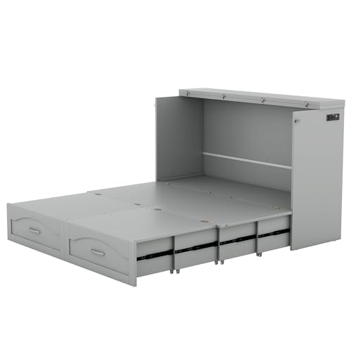 Queen Size Solid Pine Murphy Bed Chest with Charging Station and Storage Drawer K498