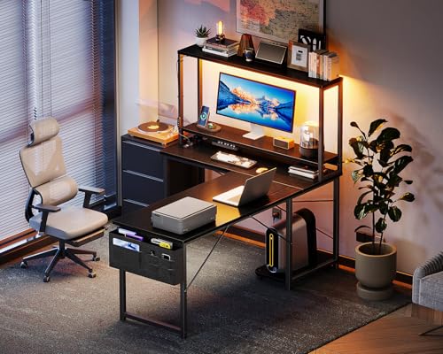 AODK L Shaped Gaming Desk with LED Light & Power Outlet, Grey Oak P41493