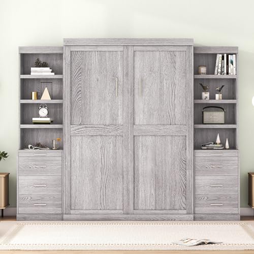 Queen Size Solid Pine Murphy Bed Chest with Charging Station and Storage Drawer K498