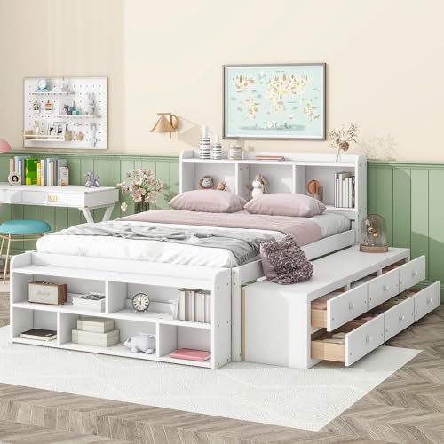 SOFTSEA Full Size Platform Bed with Storage Drawers and Bookcase Headboard, White V613109