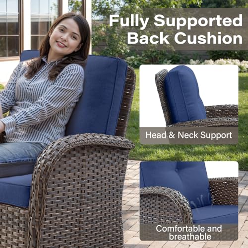 Outdoor Wicker Swivel Rocker Chairs Set of 2 with Rattan Side Table, Brown/Blue B592