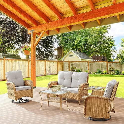 Outdoor Wicker Swivel Rocker Chairs Set of 2 with Rattan Side Table, Brown/Blue B592