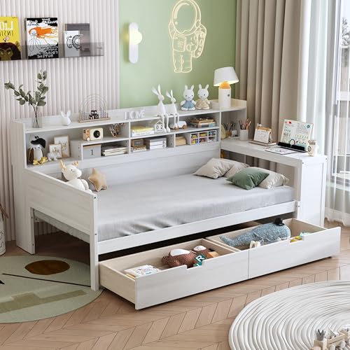 Bellemave Twin Corner Bed Frame with Storage Shelves and Desk, Gray L74206