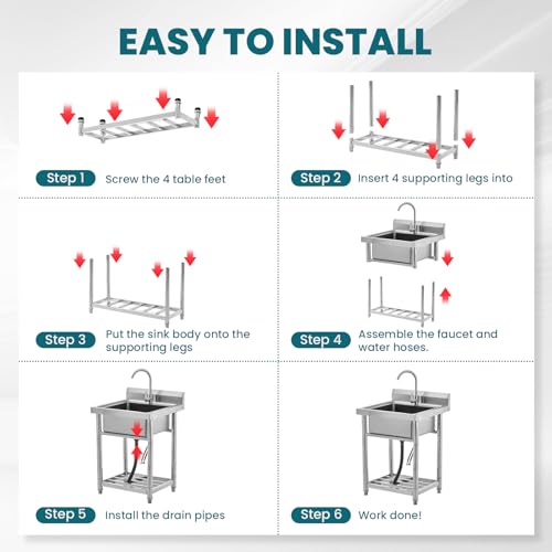 Stainless Steel Free Standing Utility Sink Single Bowl with Hot Cold Pipe R683