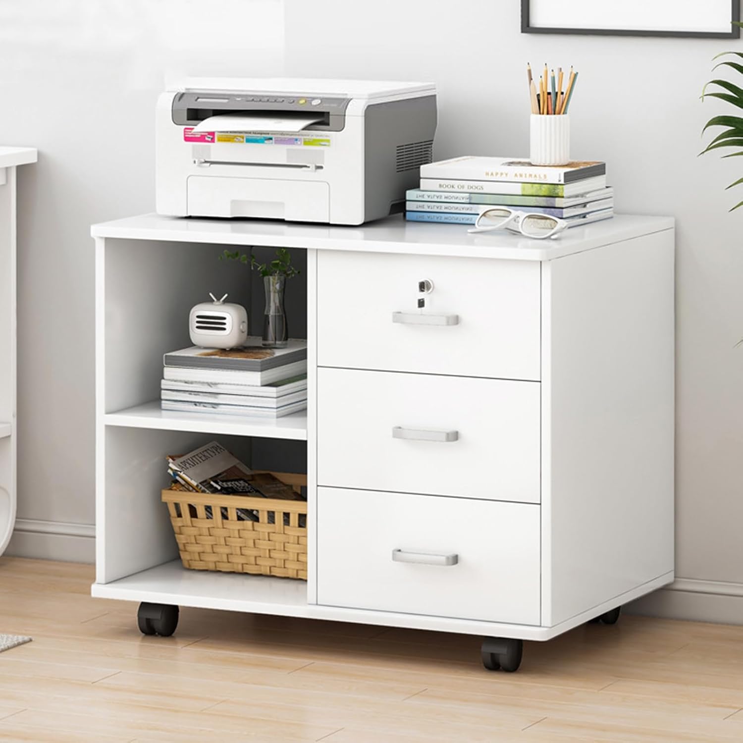White Office Storage Cabinet with Shelves and 3 Drawers G70998
