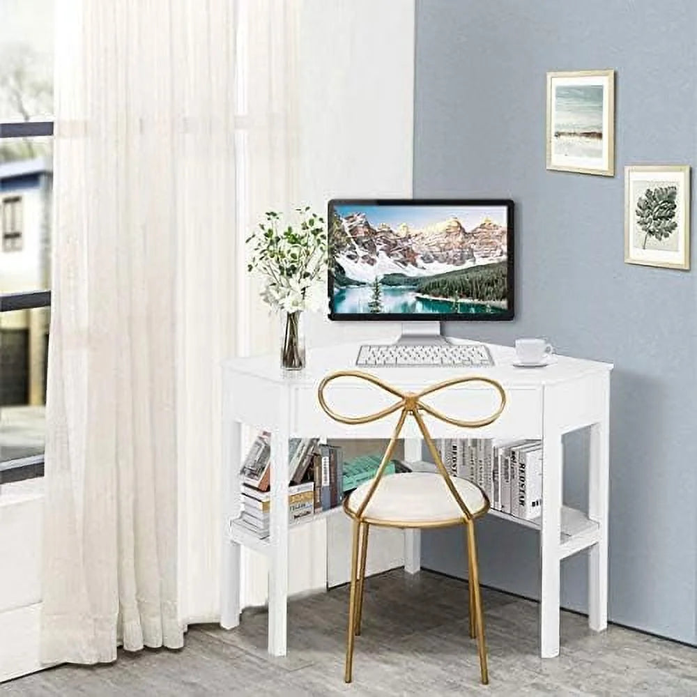 KHBIULIFE Corner Desk with Drawer and Shelves for Small Space, White & Natural O862