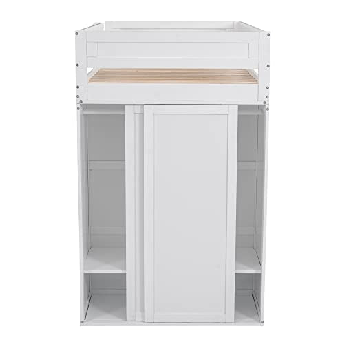 Full Size Loft Bed with Storage Wardrobe and Desk for Kids Teens Adults White K66587