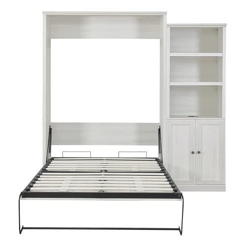 Queen Size Murphy Bed with Side Cabinet Storage Shelf, Rustic White X5267