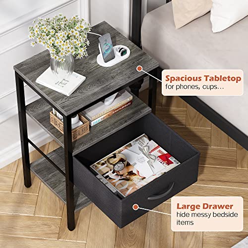 SUPERJARE Nightstand with Charging Station, Fabric Drawer, 3-Tier Storage, Walnut K366263