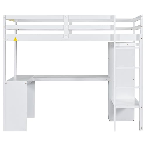 SOFTSEA Full Size Loft Bed with Desk & Wardrobe, White F150304