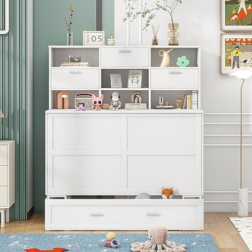 Queen Size Solid Pine Murphy Bed Chest with Charging Station and Storage Drawer K498