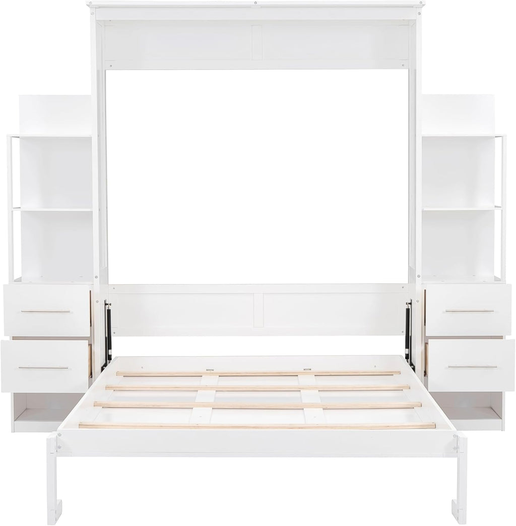 Queen Size Murphy Bed Wall Bed with Shelves and LED Lights, White N44570