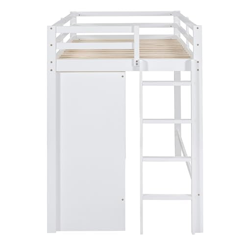 Harper & Bright Designs Twin Size Loft Bed with L-Shaped Desk and Stairs, Solid Wood, White D768