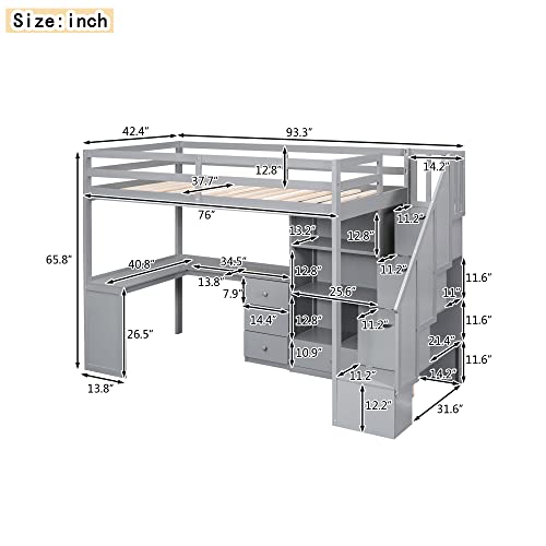 Harper & Bright Designs Twin Size Loft Bed with L-Shaped Desk and Stairs, Solid Wood, White D768