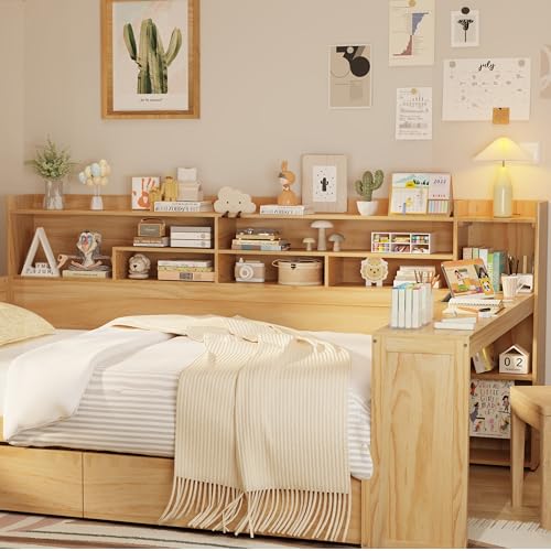 Bellemave Twin Corner Bed Frame with Storage Shelves and Desk, Gray L74206