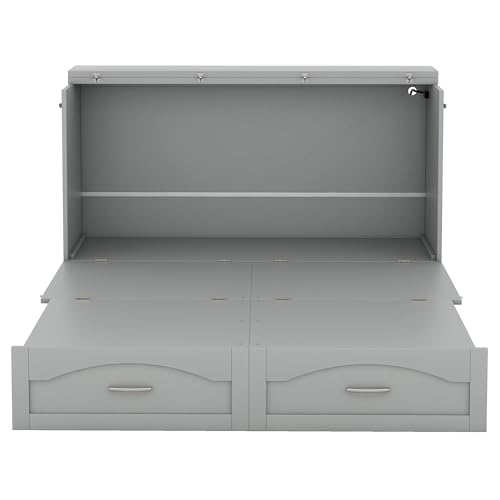 Convertible Murphy Bed 2-in-1 Solid Wood Wall Bed with Drawer & USB Ports, Queen, Grey W146