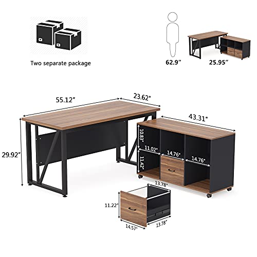 Tribesigns 63" Executive Desk with 47" Lateral File Cabinet, L-Shaped Computer Desk, Brown and Black N680173