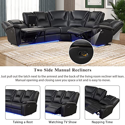 PU Leather Manual Reclining Sectional Sofa with Cup Holders, Brown E3190