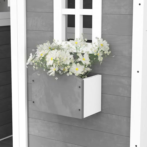 Outsunny Wooden Playhouse for Kids with Floor, Door, Windows & Planter Box, Gray J692318