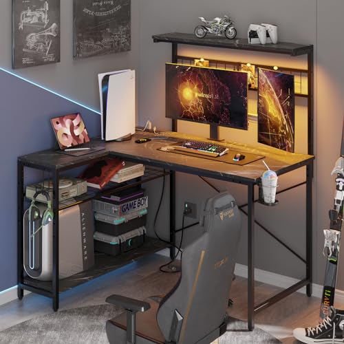 Bestier 42 L Gaming Desk with Power Outlets, LED Lights and Shelves D8630