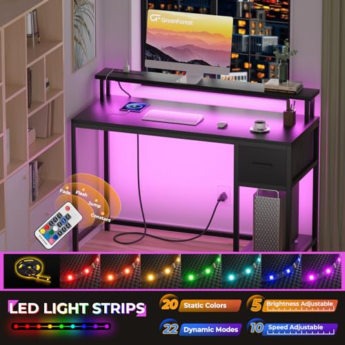 GreenForest Gaming Desk 39 Inch with LED Lights and Monitor Stand, Black S99189