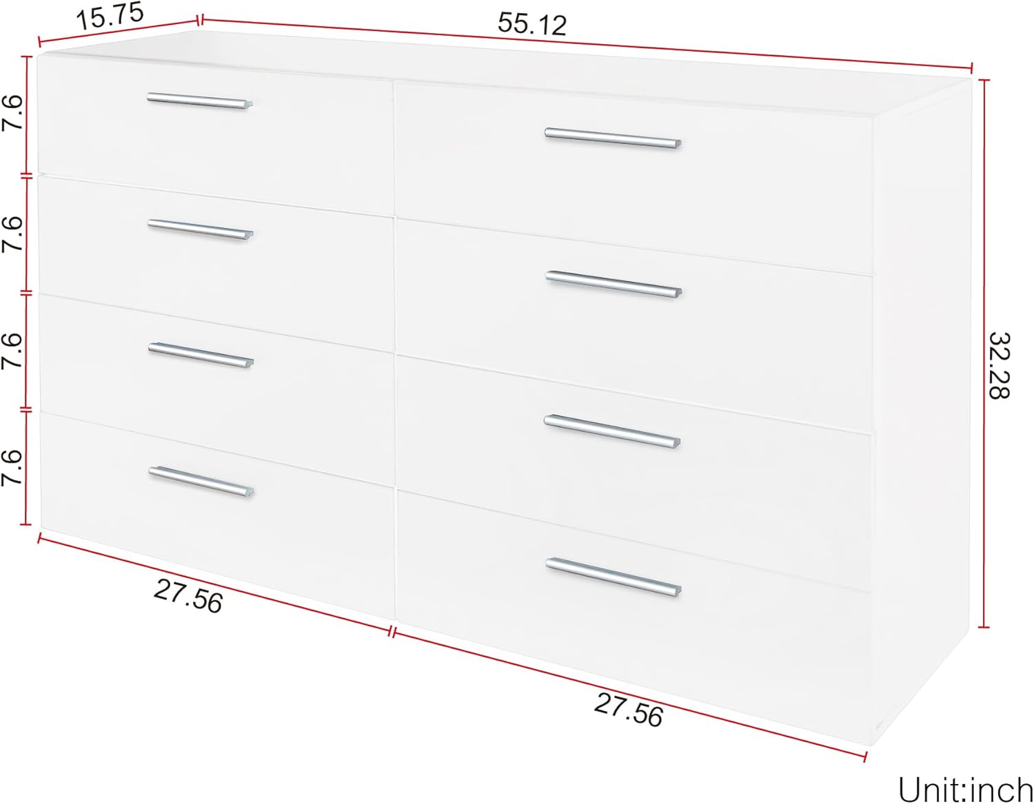 8 Drawer Double Dresser, White, Modern Chest of Drawers W219185