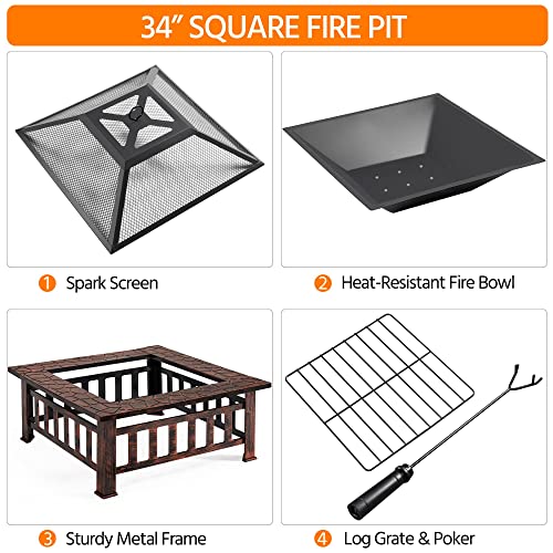 Yaheetech Fire Pit Table 32in Square Metal Outdoor Patio Fireplace L506